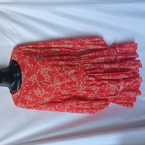 Flying Tomato Red Orange Floral Chiffon Blouson Long Sleeve Dress Womens Large